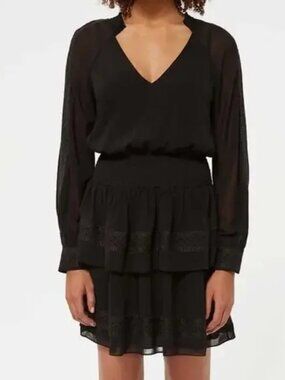 Rebecca Minkoff Black Long-Sleeve Smocked Waist Mini Dress